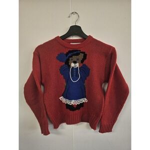 Vintage The Eagle's Eye Sweater Girls 4 Red Teddy Bear Lace Knit Pullover 80s